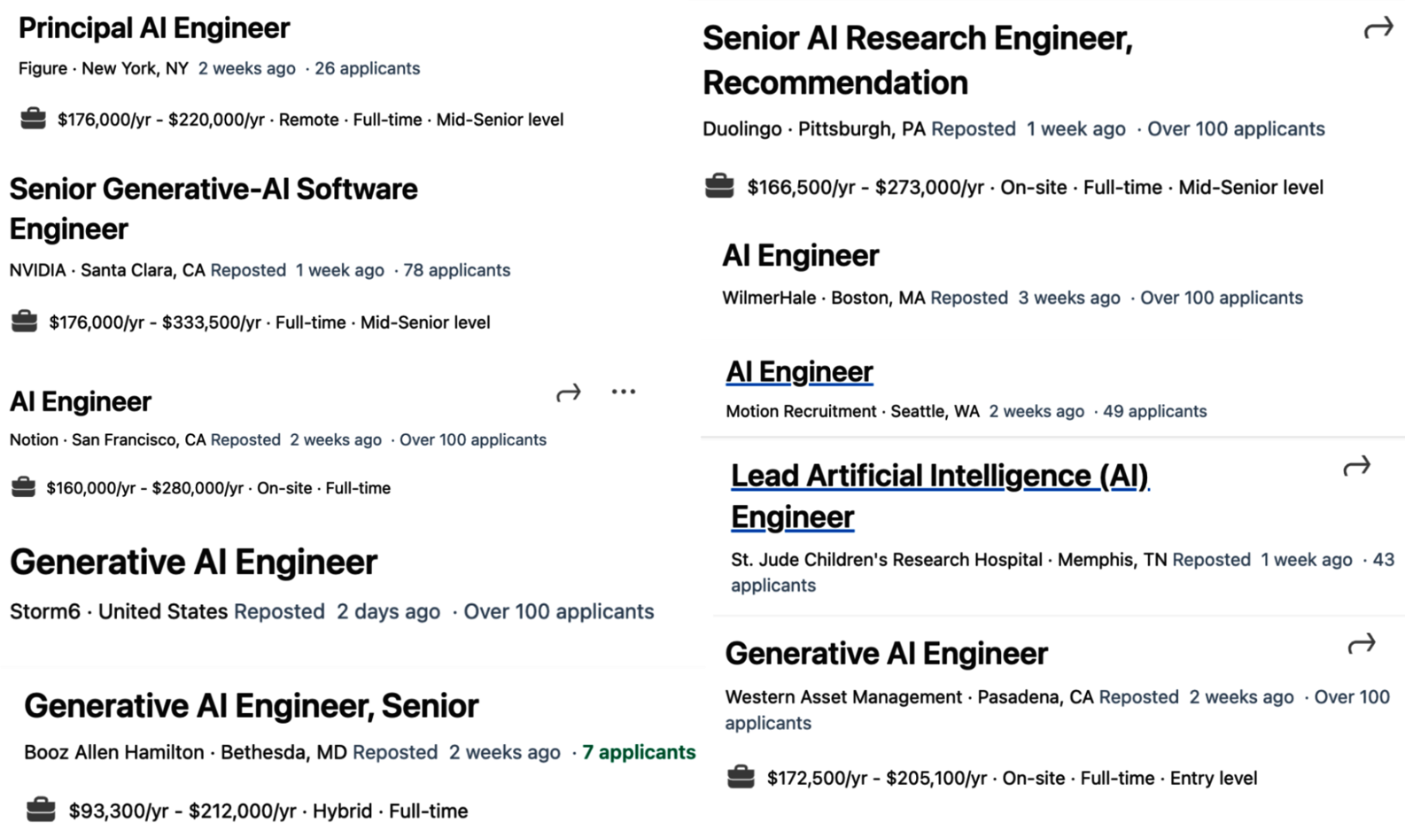 Figure 1-13. Some companies have separate job descriptions for AI engineering, as shown in the job headlines on LinkedIn from December 17, 2023.