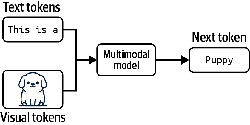 A multimodal model can generate the next token using information from both text and visual tokens